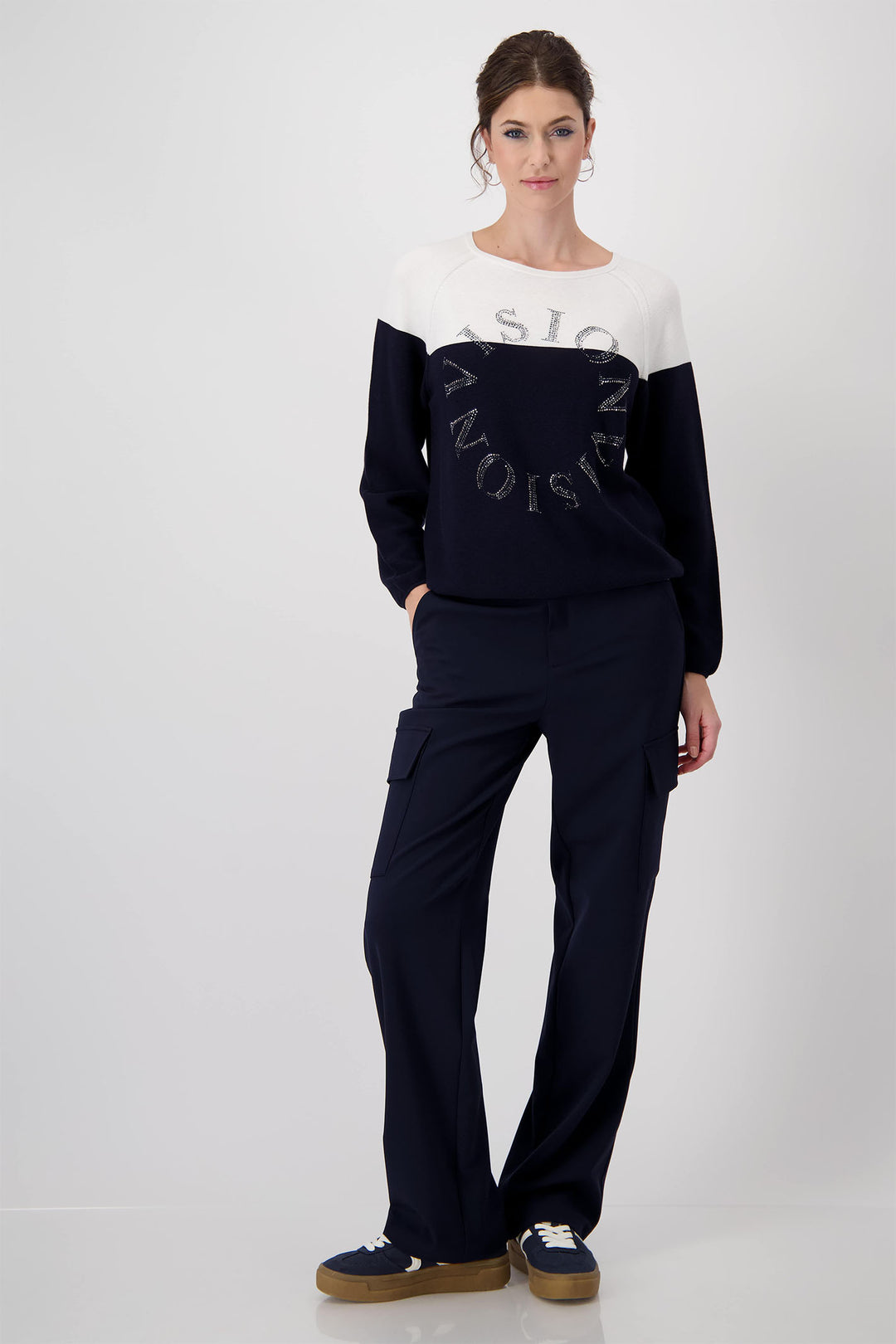 Monari Deep Ocean Navy Colour Block Embellished Jumper 409242 - Experience Boutique