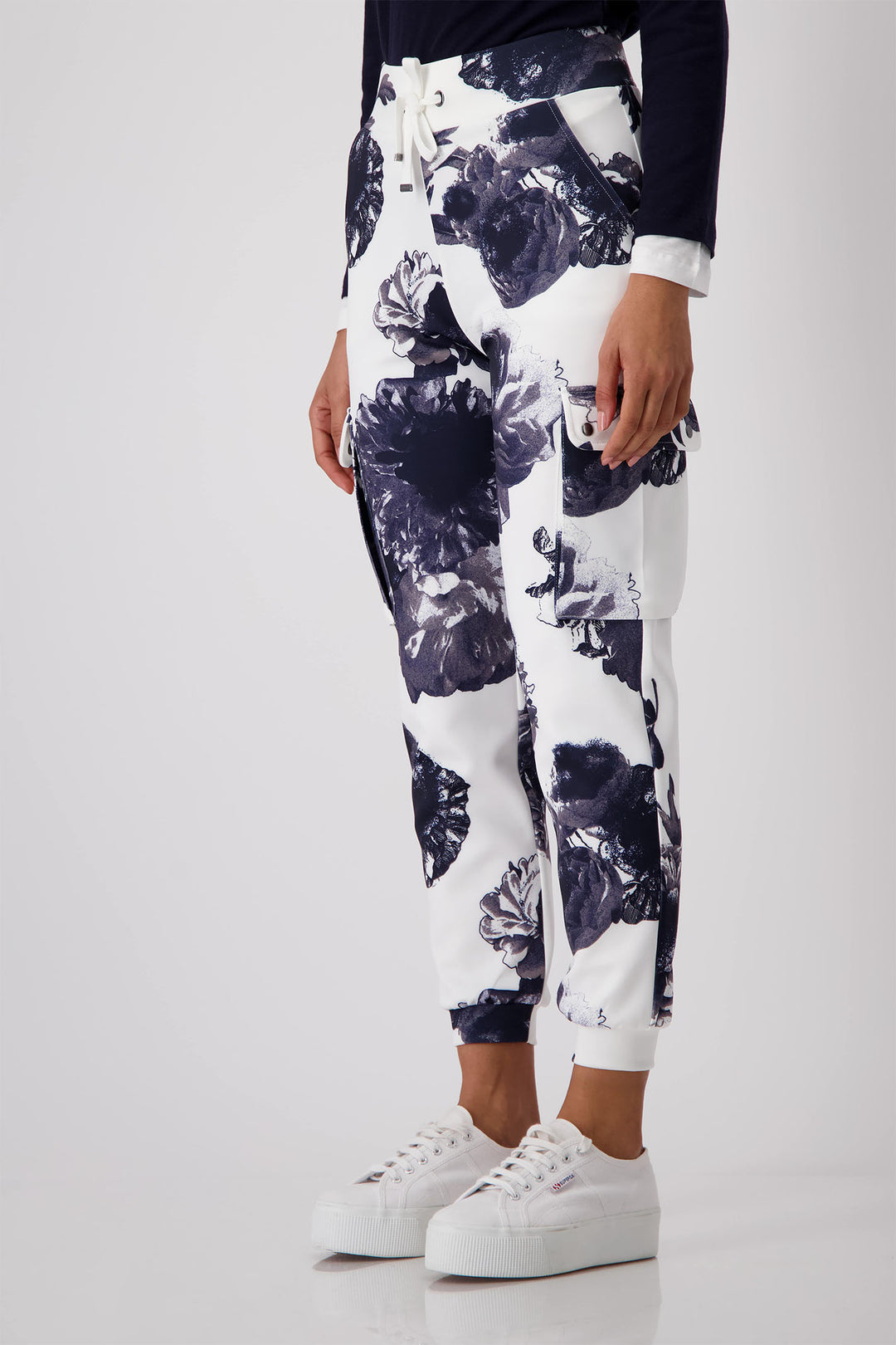 Monari Deep Ocean Navy Print Pull-On Cargo Trousers 409362 - Experience Boutique