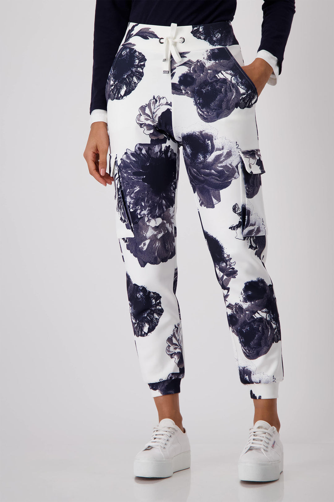 Monari Deep Ocean Navy Print Pull-On Cargo Trousers 409362 - Experience Boutique