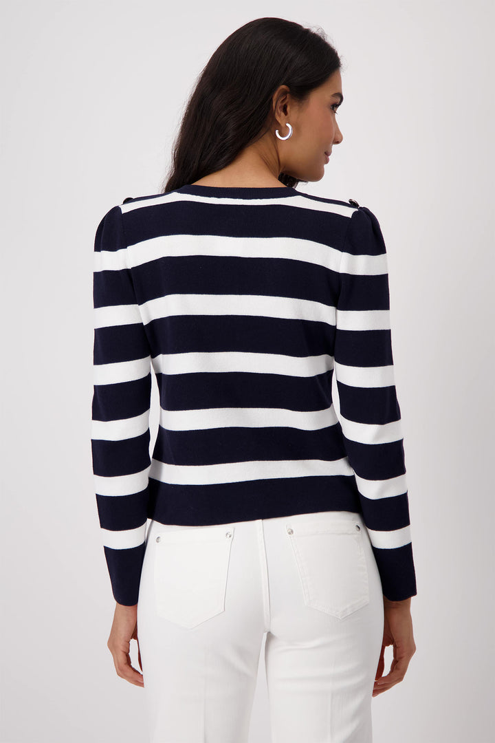 Monari Deep Ocean Navy Striped Round Neck Cardigan 409228 - Experience Boutique