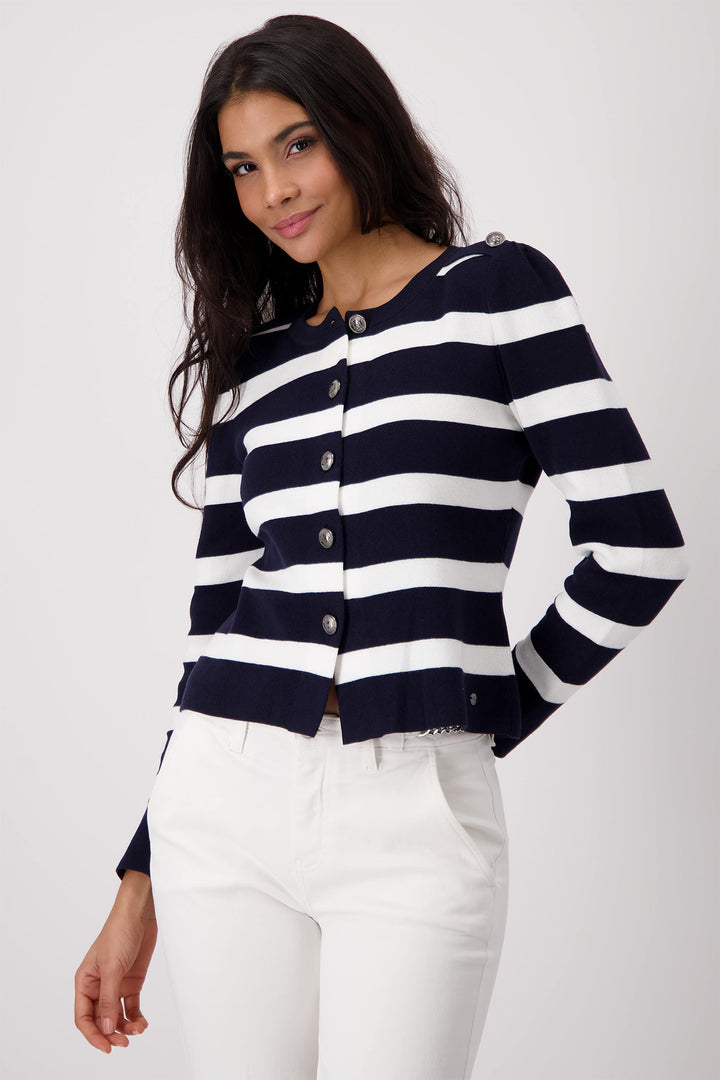 Monari Deep Ocean Navy Striped Round Neck Cardigan 409228 - Experience Boutique