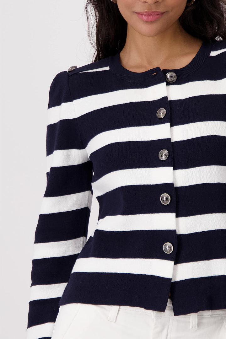 Monari Deep Ocean Navy Striped Round Neck Cardigan 409228 - Experience Boutique