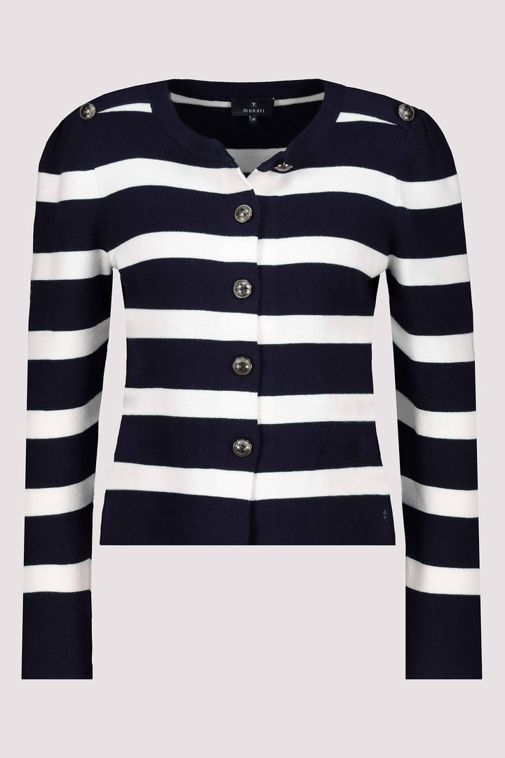 Monari Deep Ocean Navy Striped Round Neck Cardigan 409228 - Experience Boutique