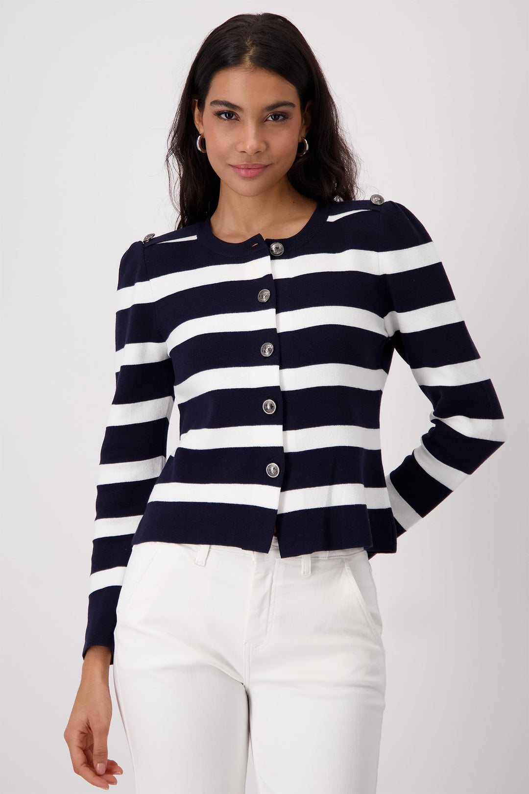 Monari Deep Ocean Navy Striped Round Neck Cardigan 409228 - Experience Boutique