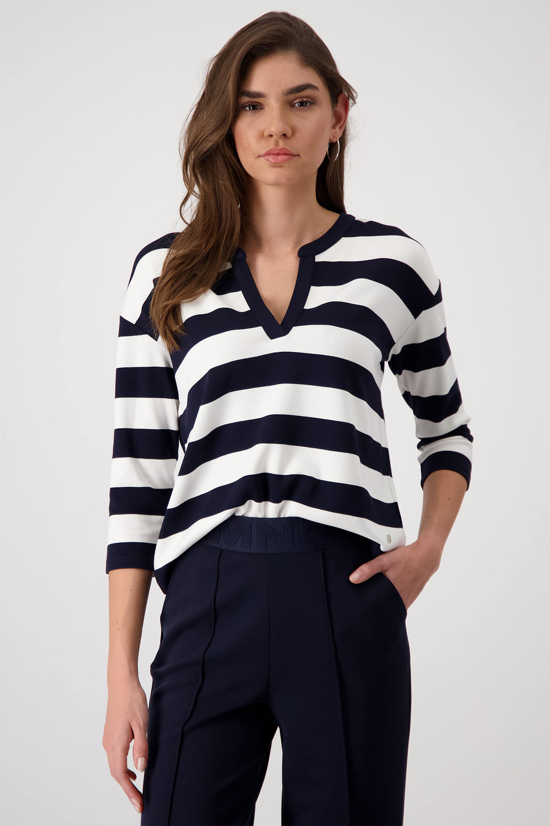 Monari Deep Ocean Navy Striped V-Neck Top 409337 - Experience Boutique