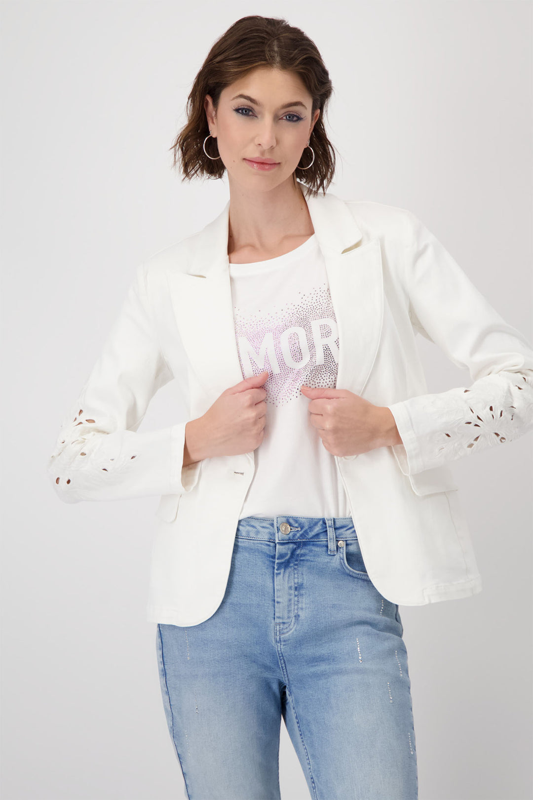 Monari Off White Embroidered Sleeve Lapel Collar Blazer Jacket 409057 - Experience Boutique