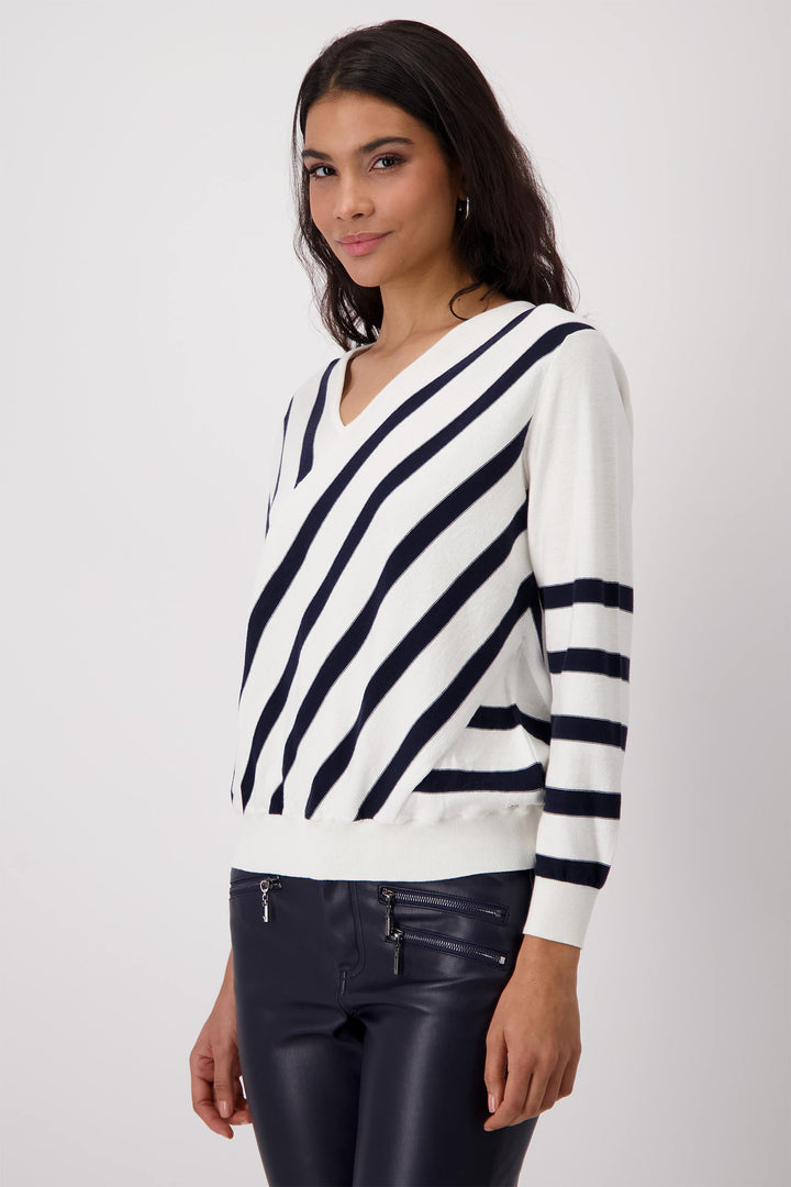 Monari Off White Intricate Knit Stripe Contour Jumper 409329 - Experience Boutique