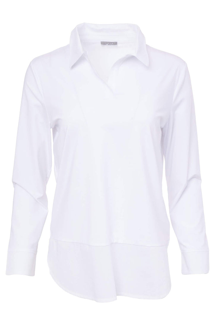 Naya NAW23 124 White Stretch Jersey Split Neck Shirt Style Top - Experience Boutique