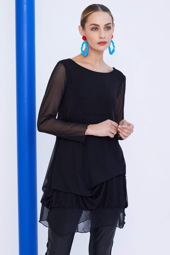 Naya NAW23 149 Black Jersey Ruffle Tunic With Sleeves - Experience Boutique