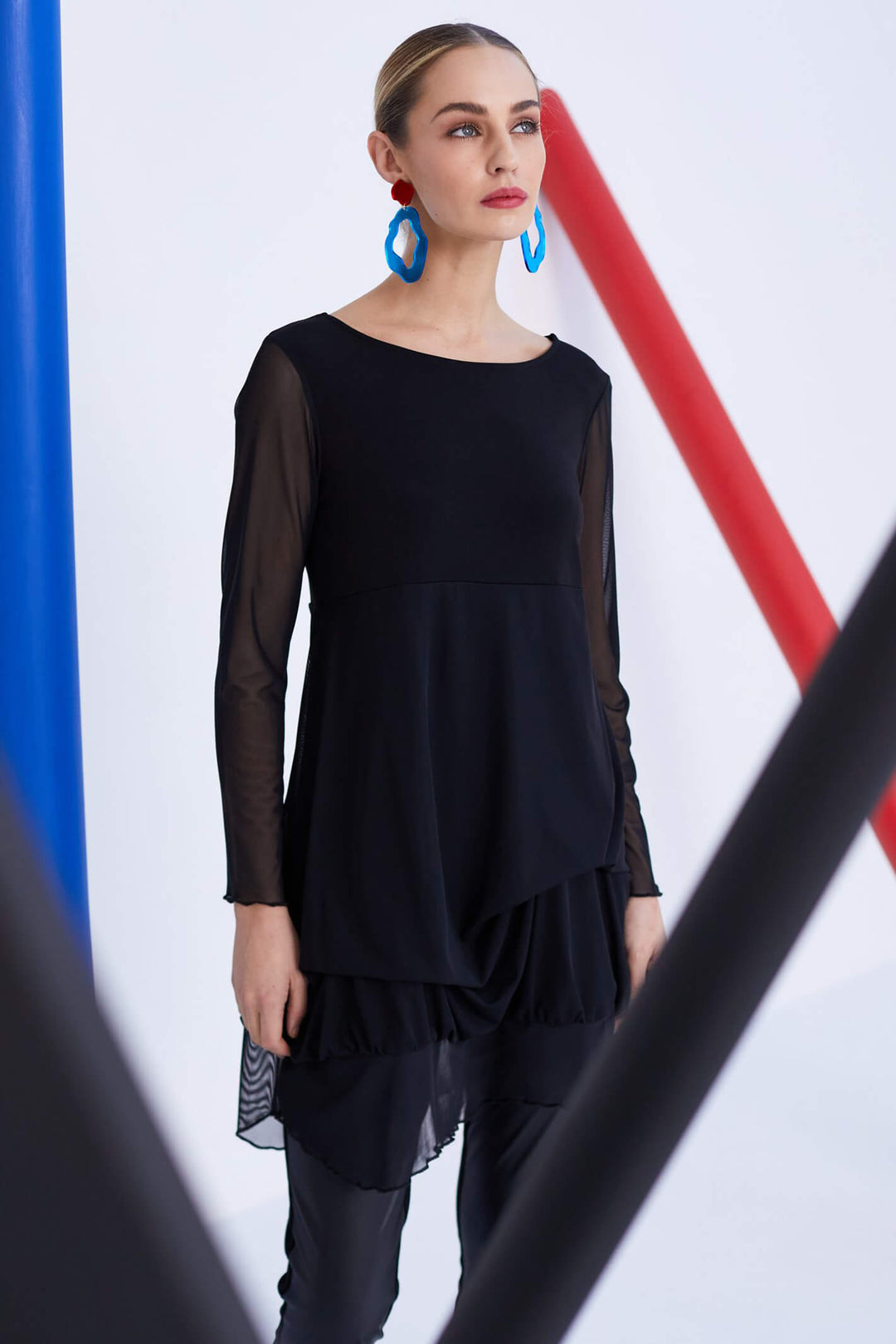 Naya NAW23 149 Black Jersey Ruffle Tunic With Sleeves - Experience Boutique