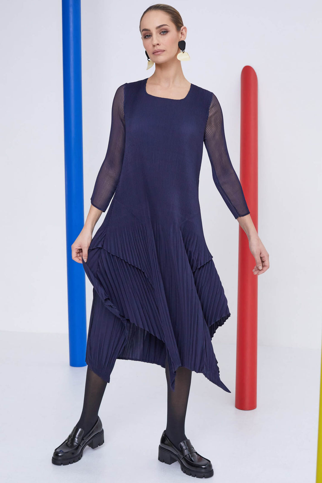 Naya NAW23 181 Navy Pleated Layer Dress With Sleeves - Experience Boutique