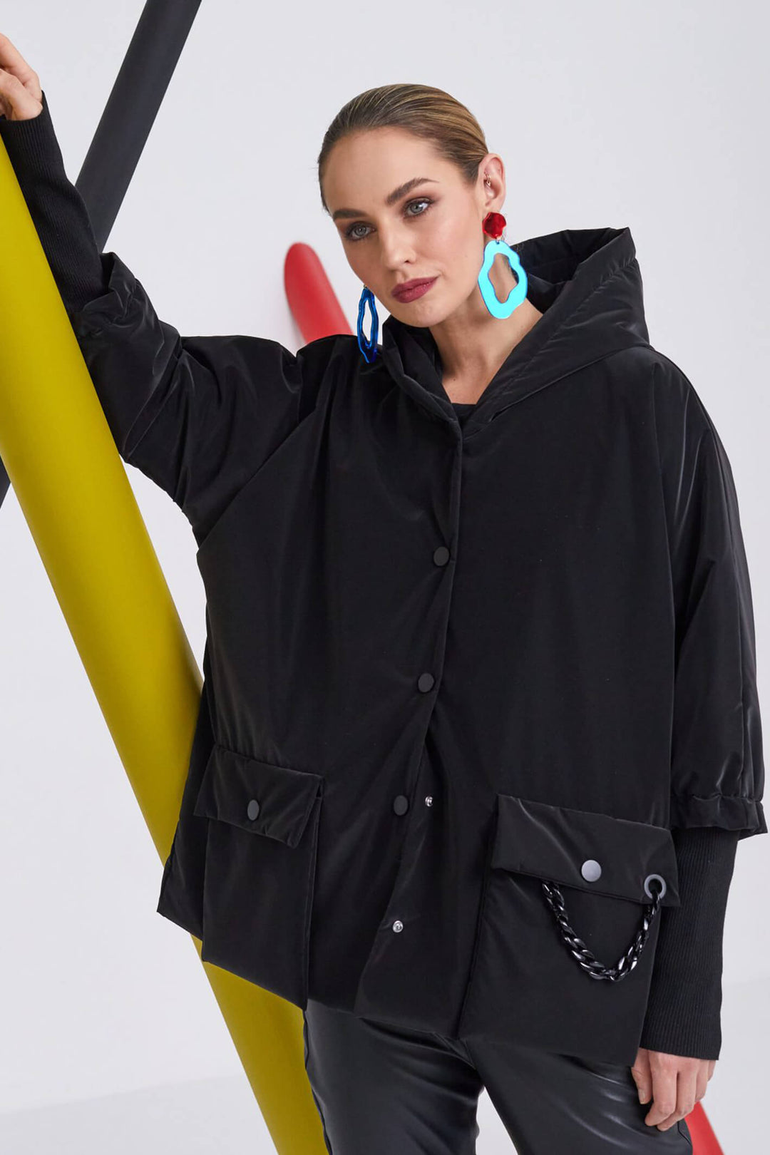 Naya NAW23 191 Black Short Coat With Hood - Experience Boutique