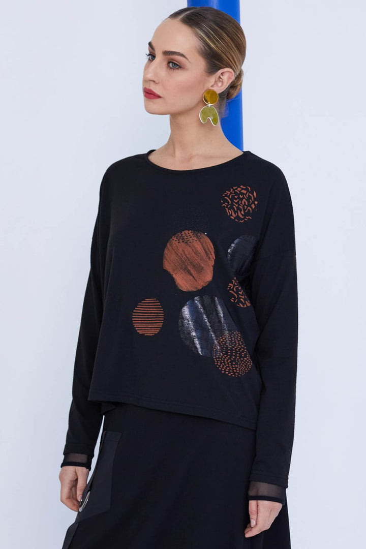 Naya NAW23 214 Black Orange Print Long Sleeve Top - Experience Boutique