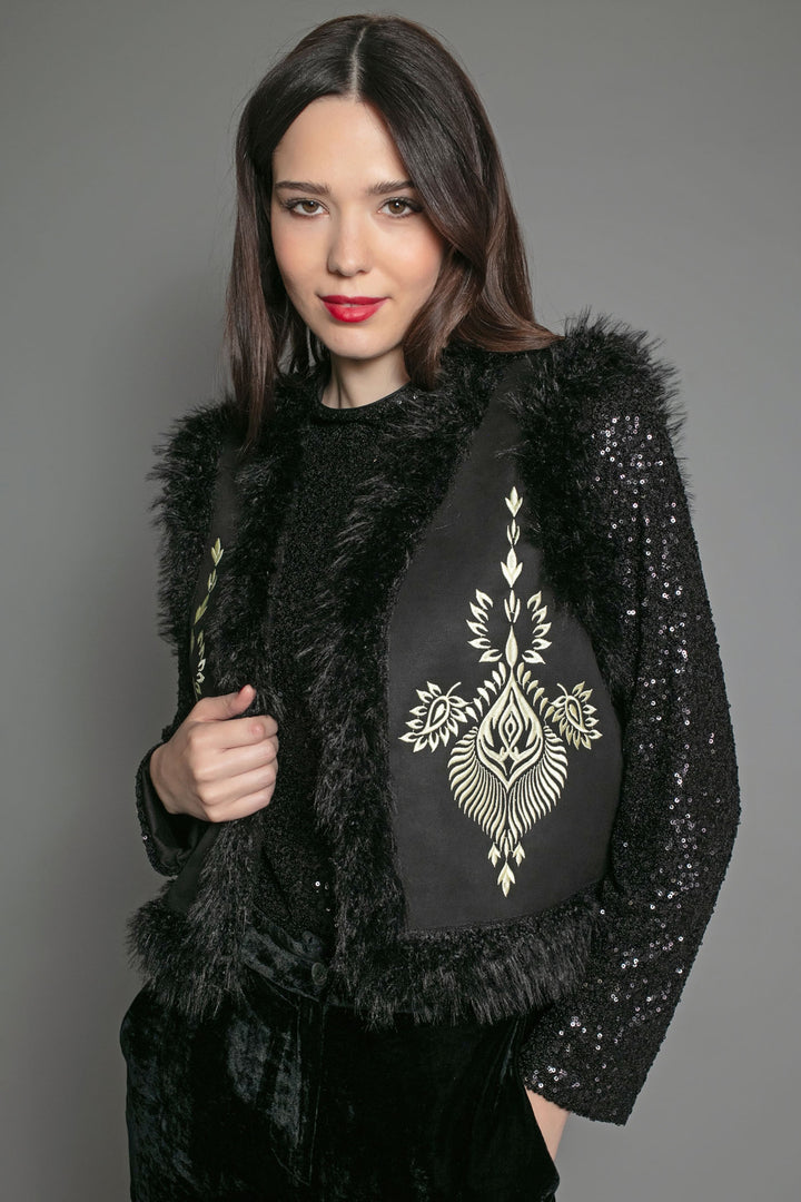 Nooki Black Stasia Faux Fur Embroidered Gilet - Experience Boutique