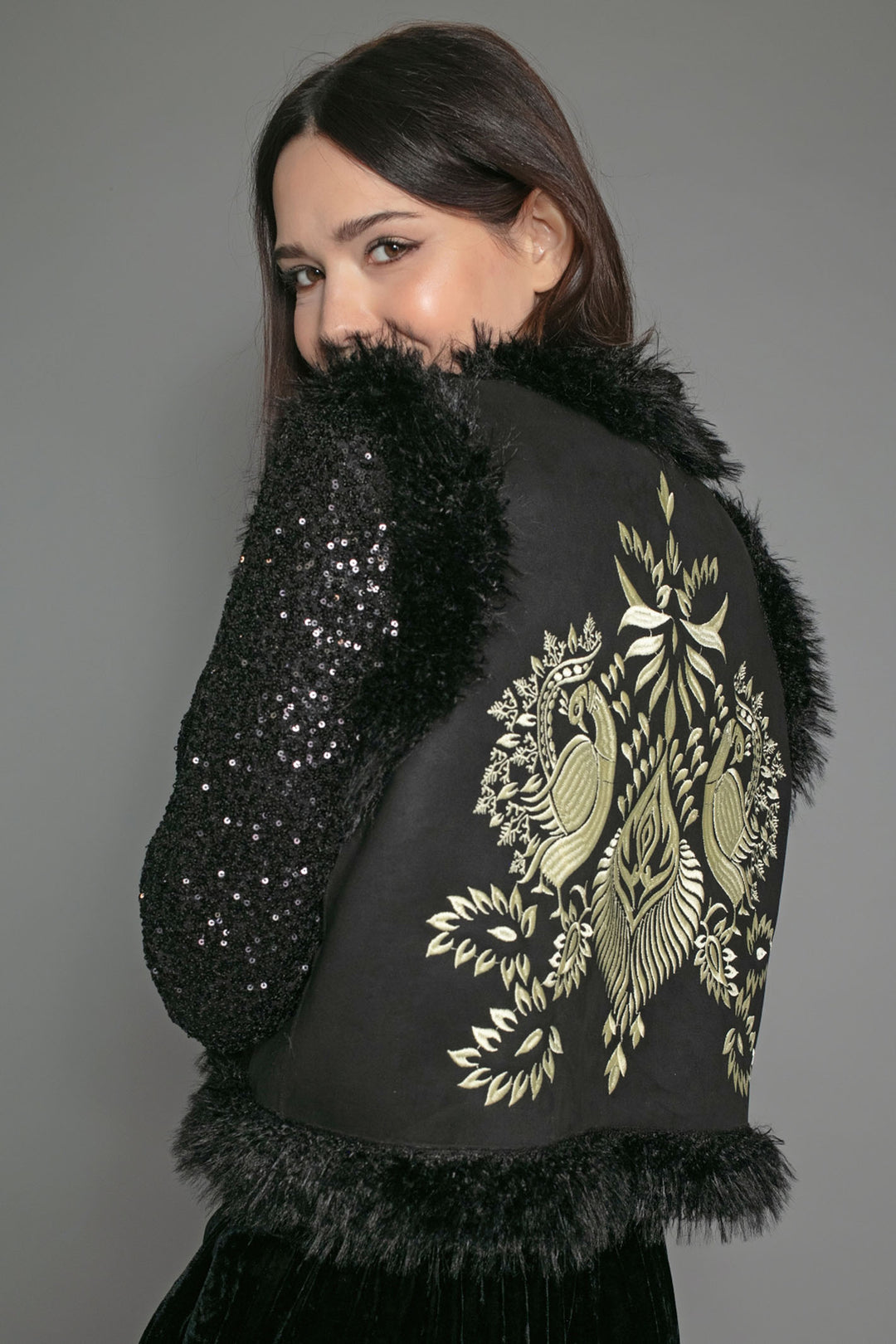 Nooki Black Stasia Faux Fur Embroidered Gilet - Experience Boutique