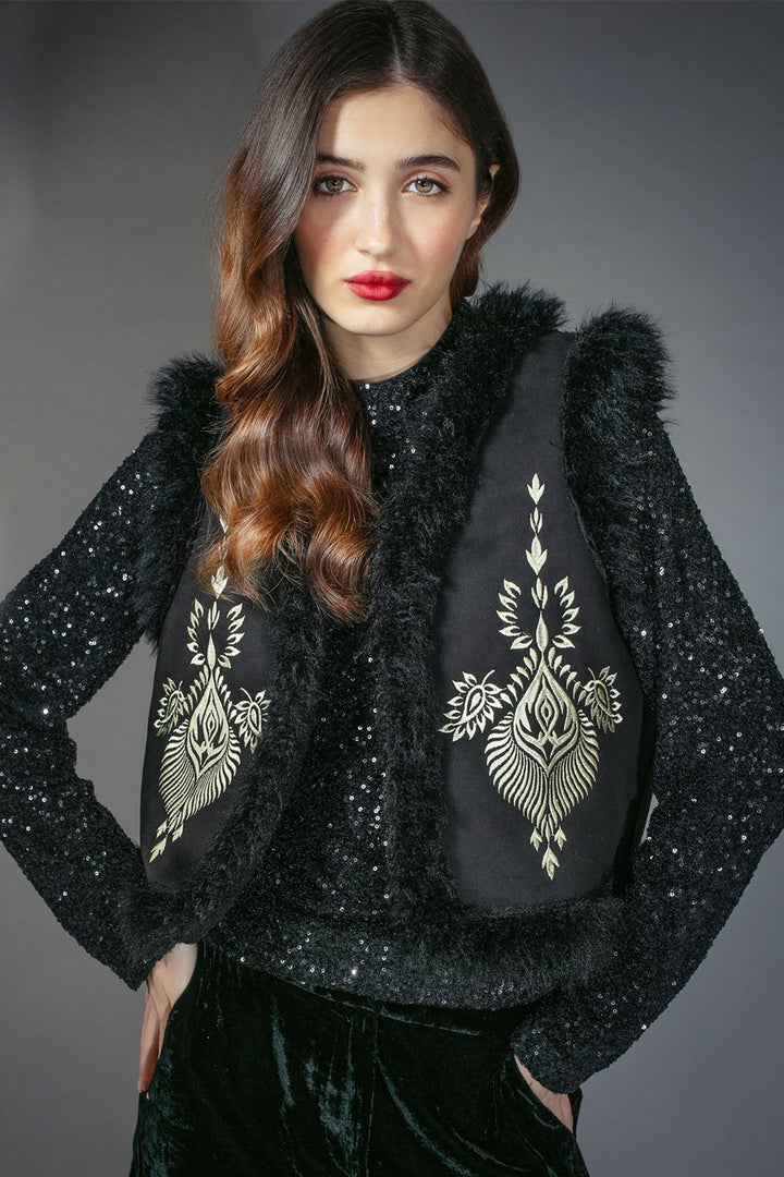 Nooki Black Stasia Faux Fur Embroidered Gilet - Experience Boutique