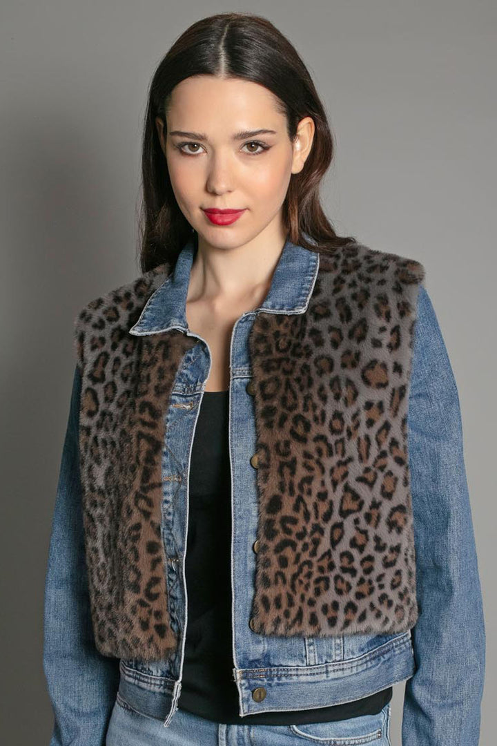 Nooki Edelweiss Grey Leopard Print Faux Fur Gilet - Experience Boutique