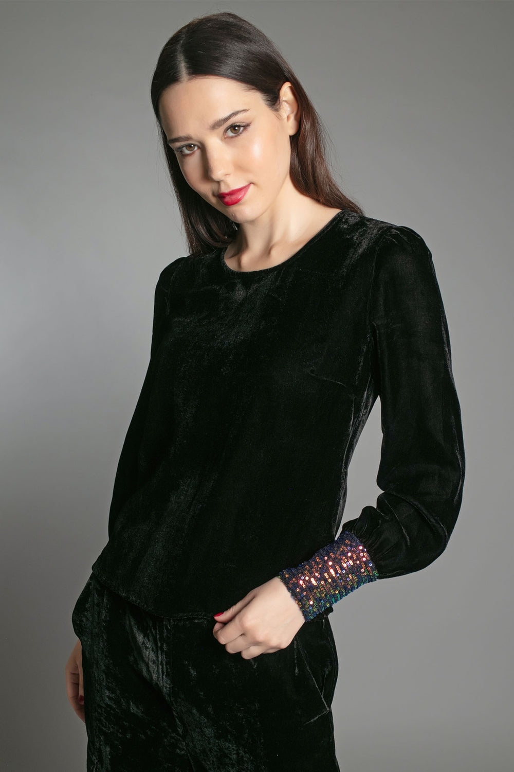 Nooki Erin Black Sequin Cuff Velvet Top - Experience Boutique