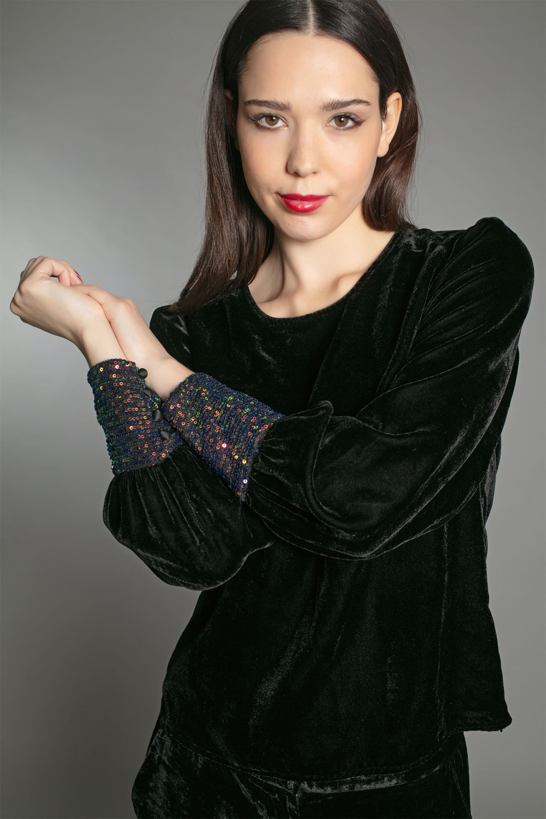 Nooki Erin Black Sequin Cuff Velvet Top - Experience Boutique