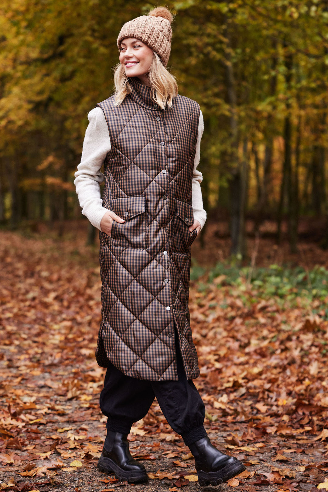 Normann 242-02314 17 Brown Check Longline Padded Gilet - Experience Boutique