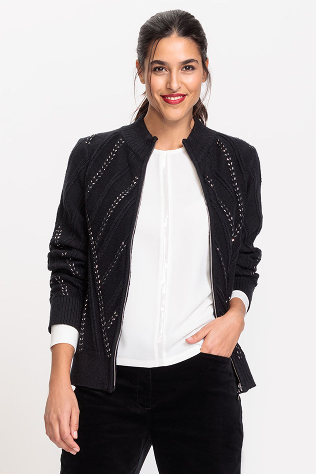 Olsen 11004503 Black Silver Beaded Knit Cardigan - Experience Boutique