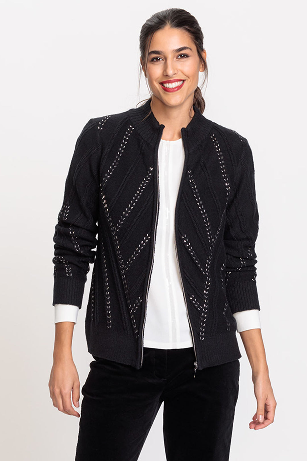 Olsen 11004503 Black Silver Beaded Knit Cardigan - Experience Boutique