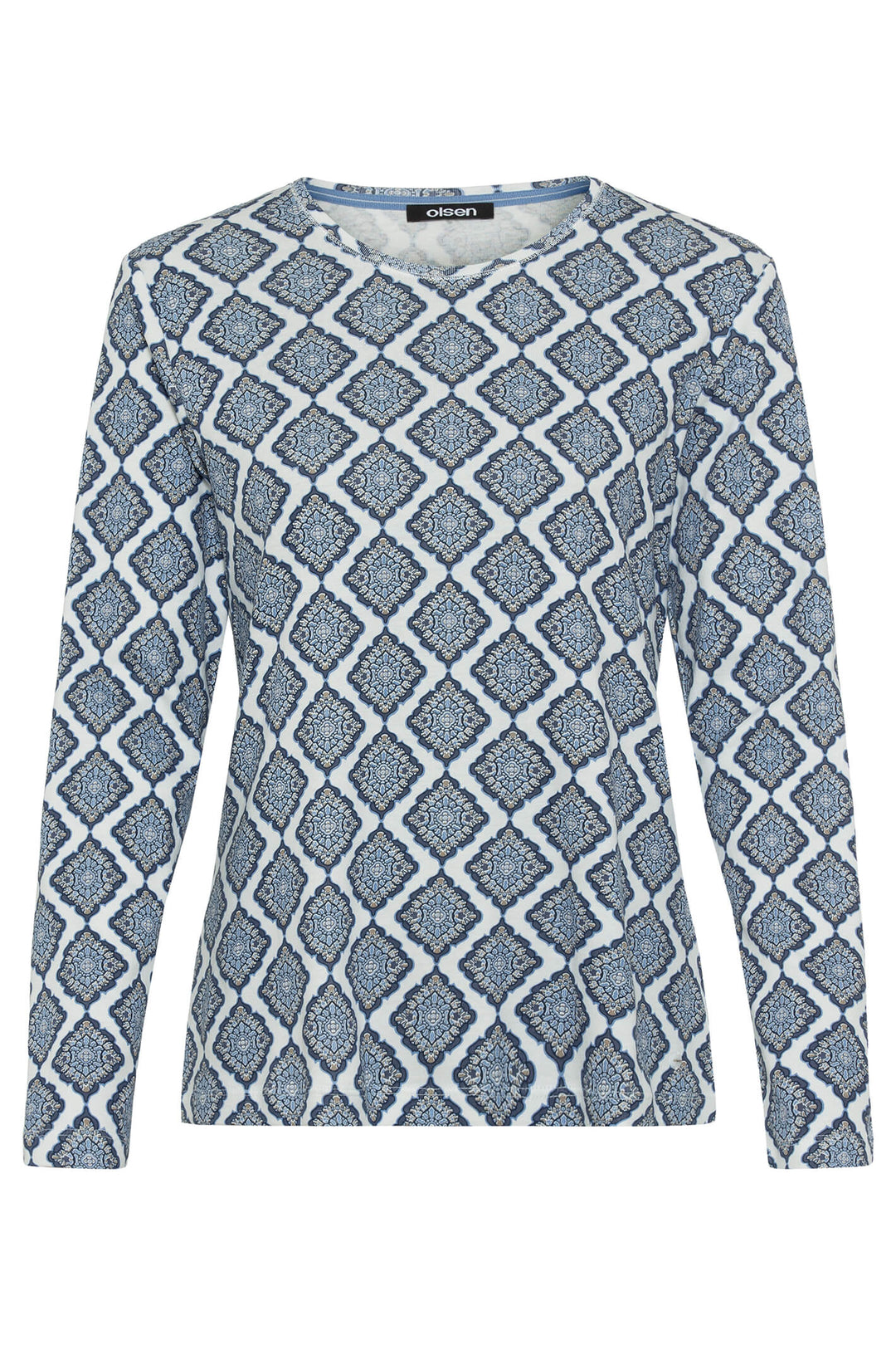 Olsen 11104659 Blue Diamond Print Long Sleeve T-Shirt - Experience Boutique