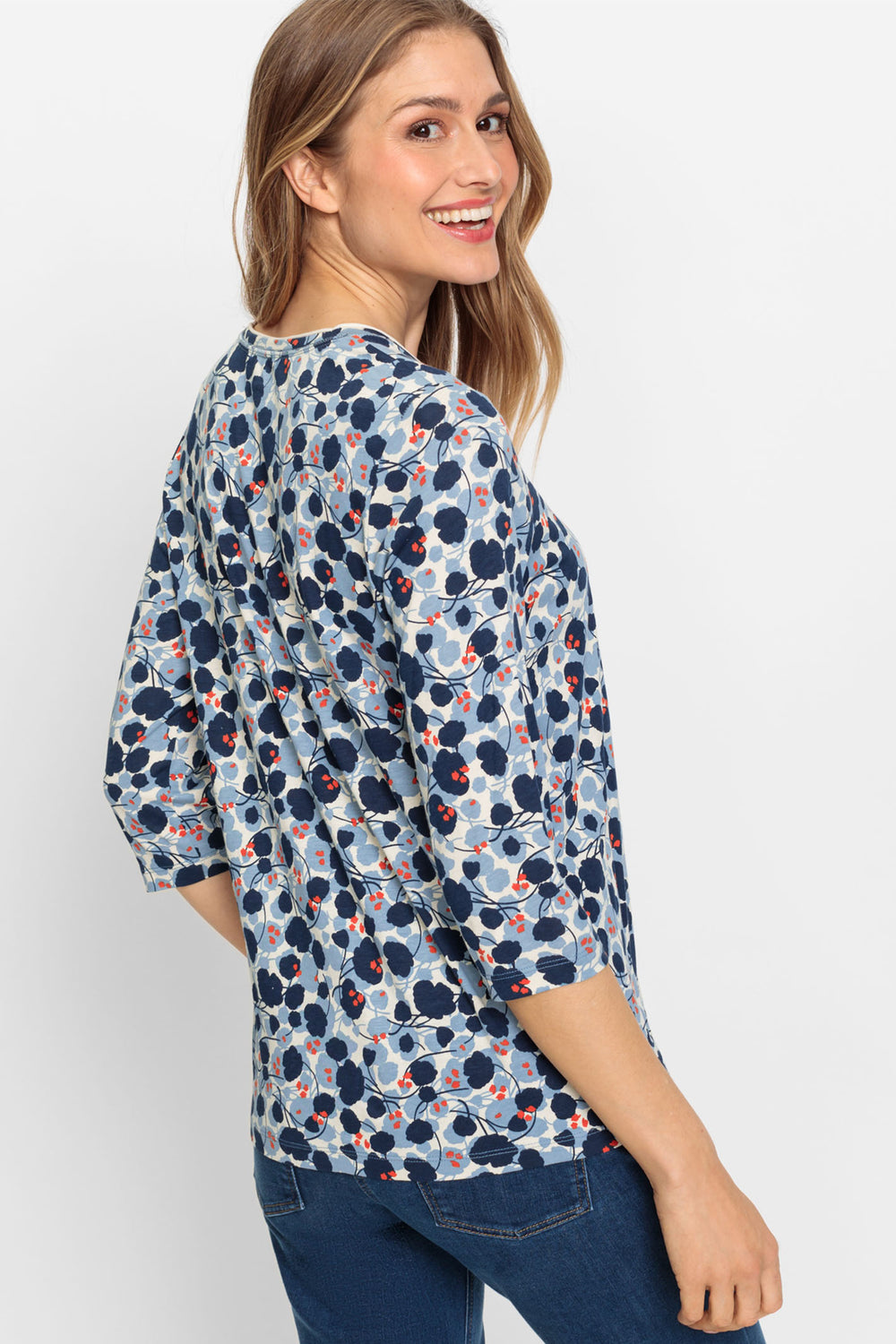 Olsen 11104902 Navy Floral Print Hannah T-Shirt - Experience Boutique