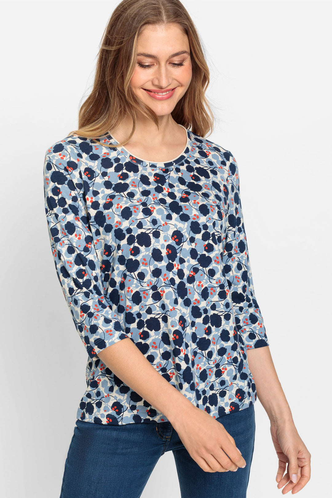 Olsen 11104902 Navy Floral Print Hannah T-Shirt - Experience Boutique