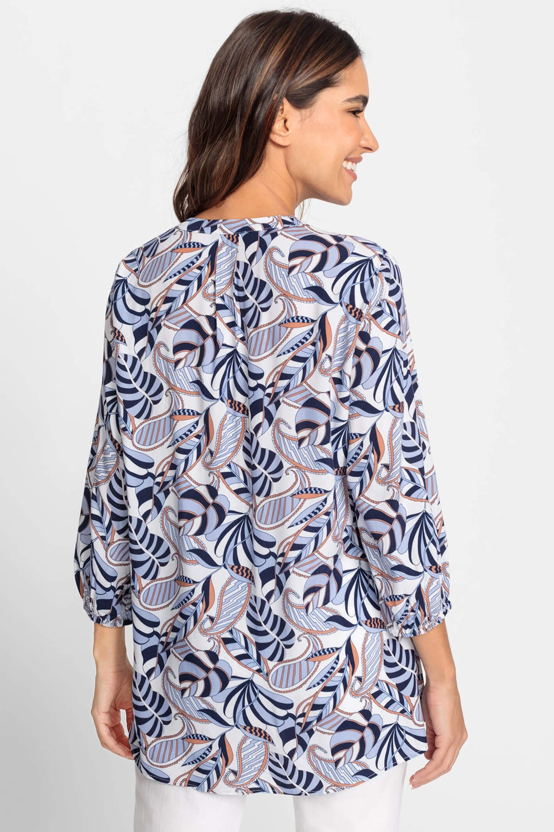 Olsen 12001788 Blue Leaf Print Blouse - Experience Boutique