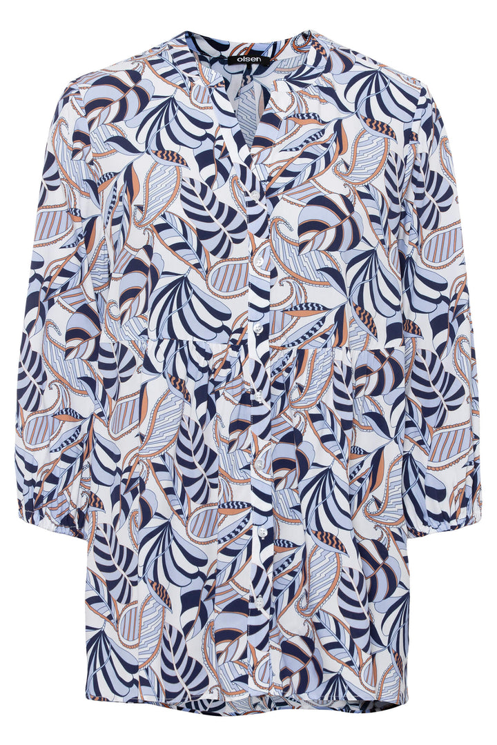 Olsen 12001788 Blue Leaf Print Blouse - Experience Boutique