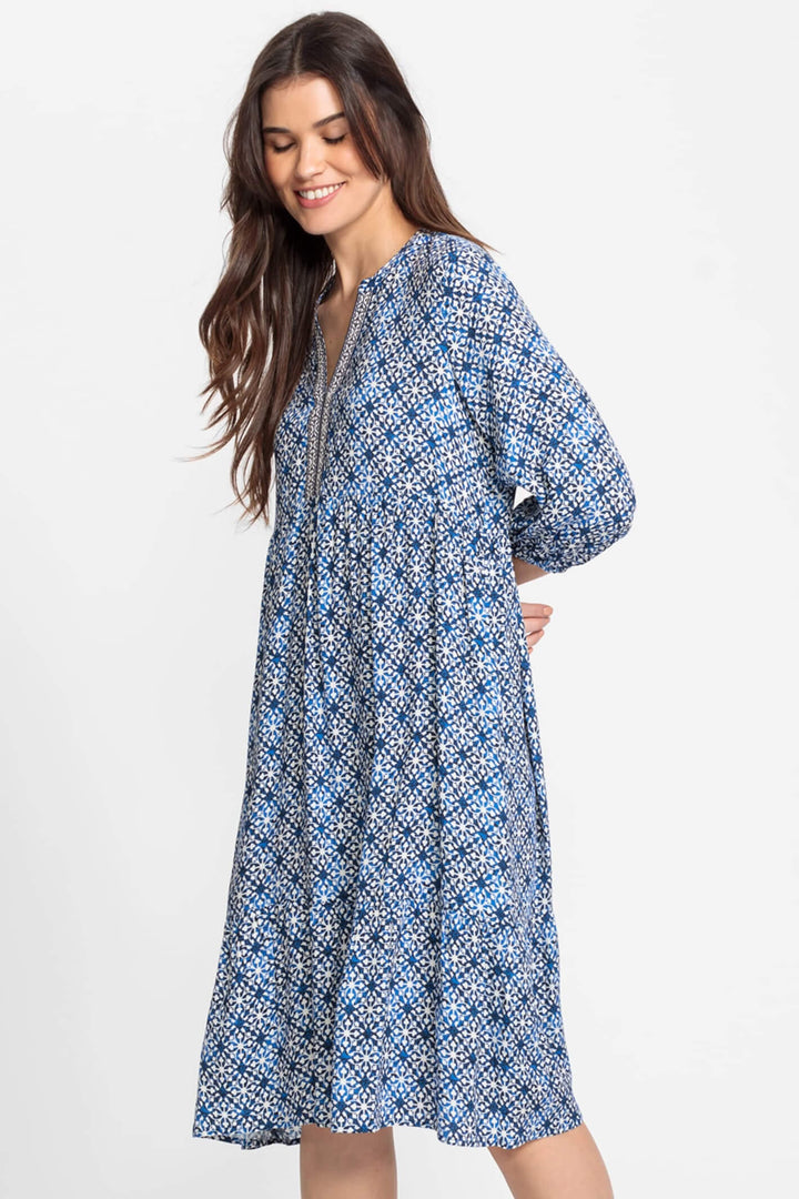 Olsen 13001677 Blue & White Print Embroidered Dress - Experience Boutique