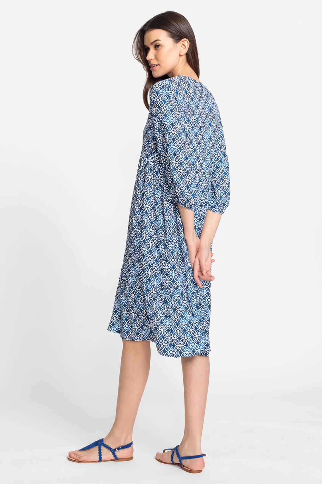 Olsen 13001677 Blue & White Print Embroidered Dress - Experience Boutique