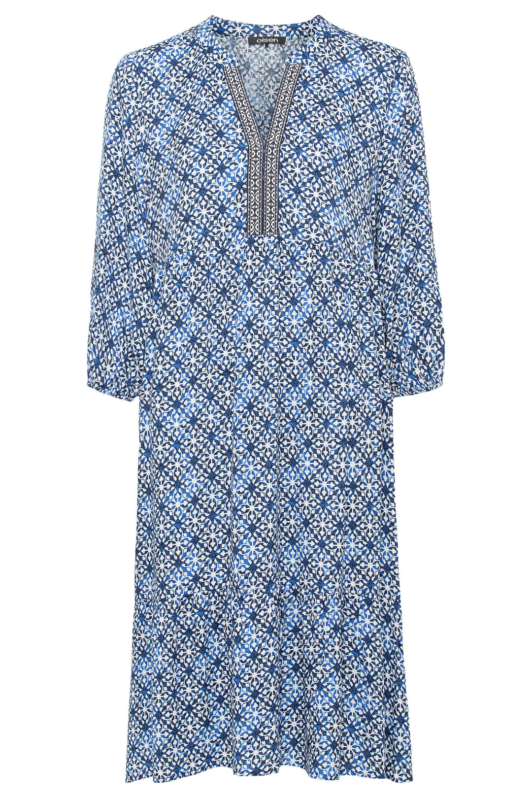 Olsen 13001677 Blue & White Print Embroidered Dress - Experience Boutique