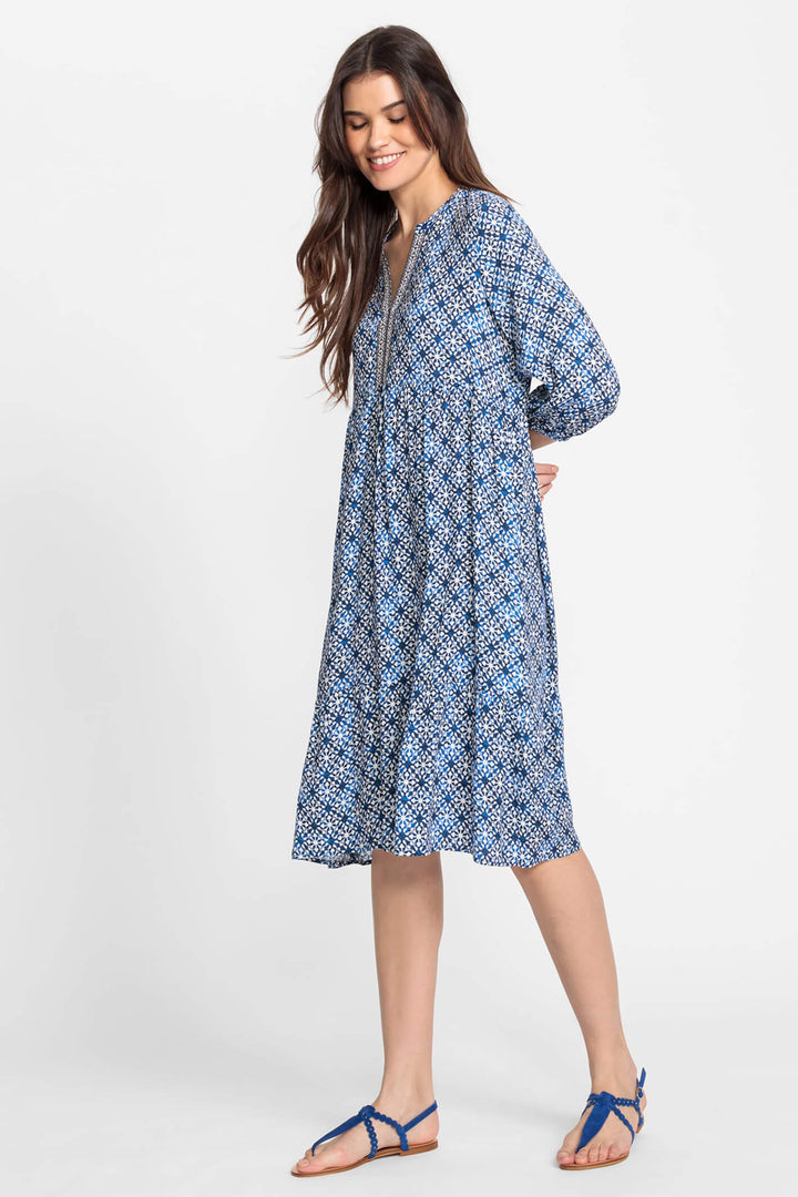 Olsen 13001677 Blue & White Print Embroidered Dress - Experience Boutique