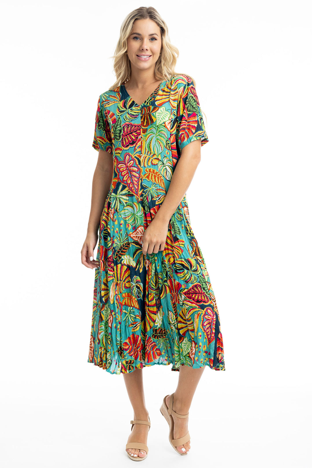 Orientique Calibishe Green Palm Print Godet Dress 30028 - Experience Boutique