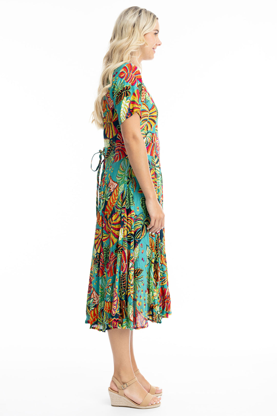 Orientique Calibishe Green Palm Print Godet Dress 30028 - Experience Boutique