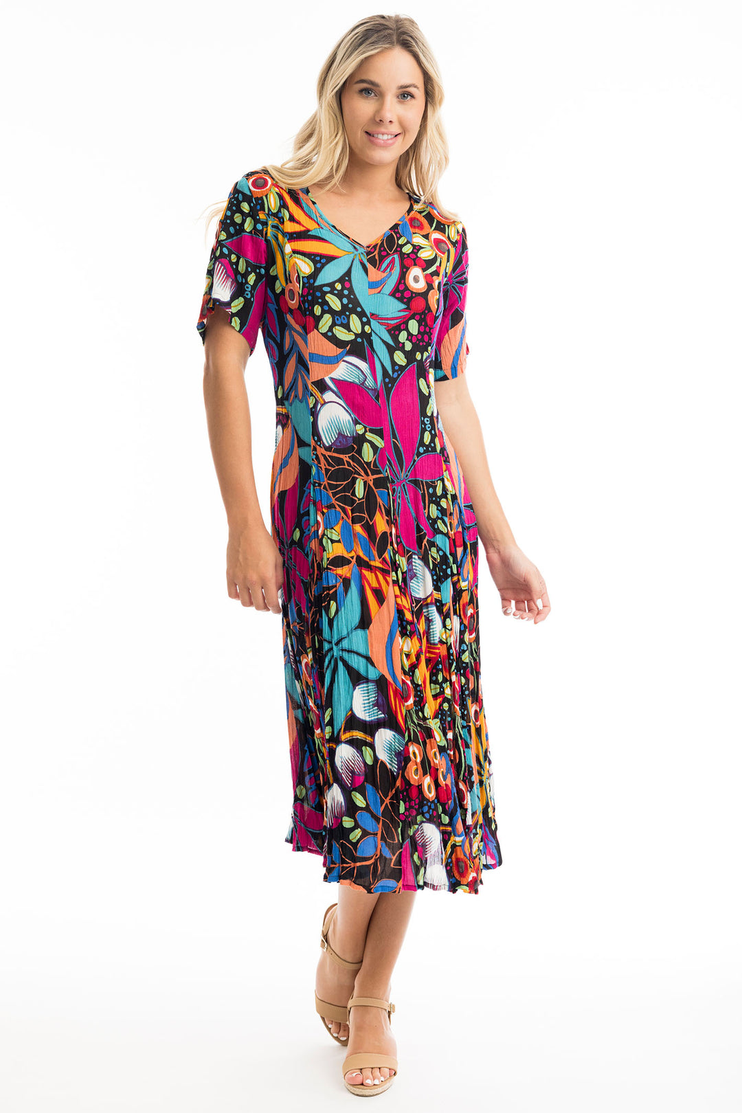 Orientique Copacabana Purple Leaf Print Godet Dress 61680 - Experience Boutique