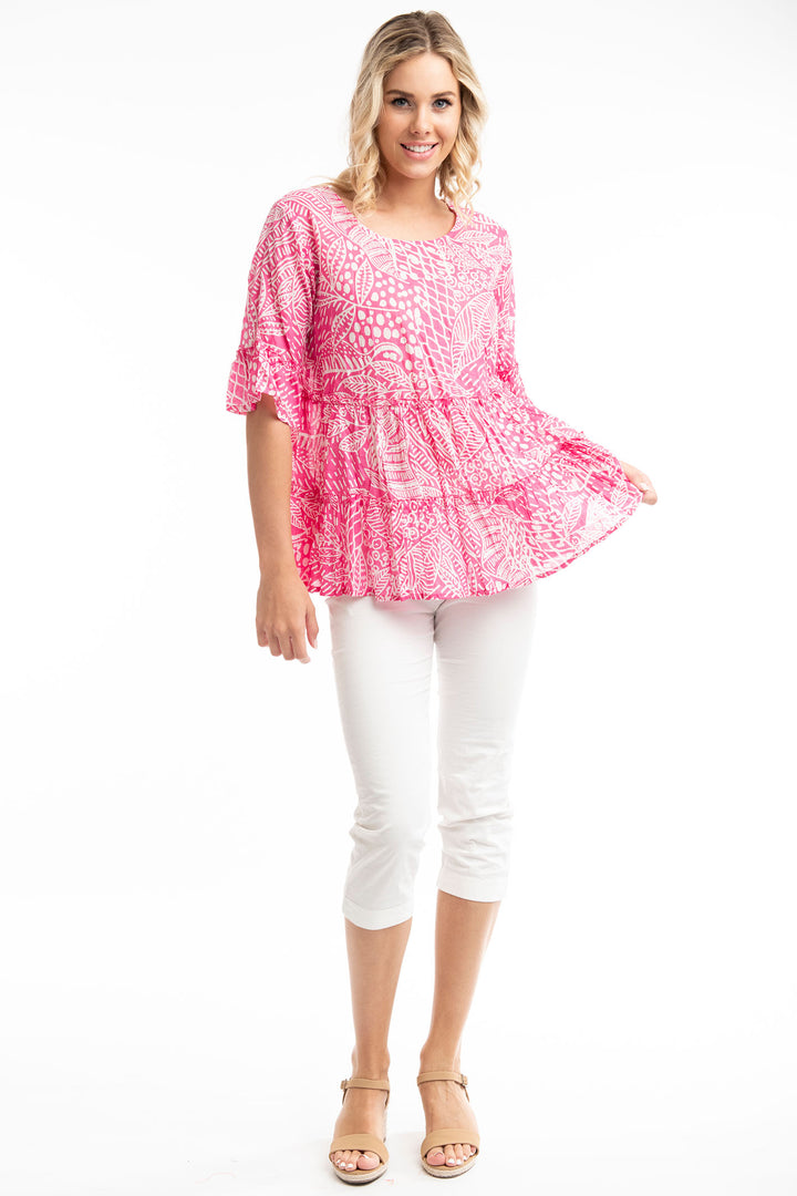 Orientique O4272 Fuchsia Pink Leros Layers Frill Sleeve Top - Experience Boutique