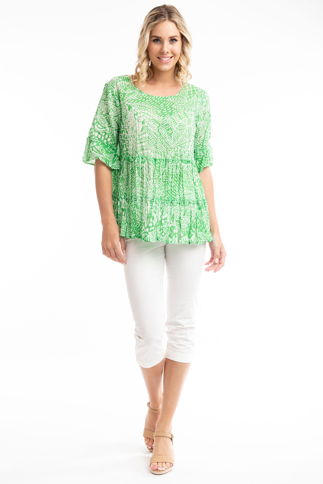 Orientique O4272 Green Leros Layers Frill Sleeve Top - Experience Boutique