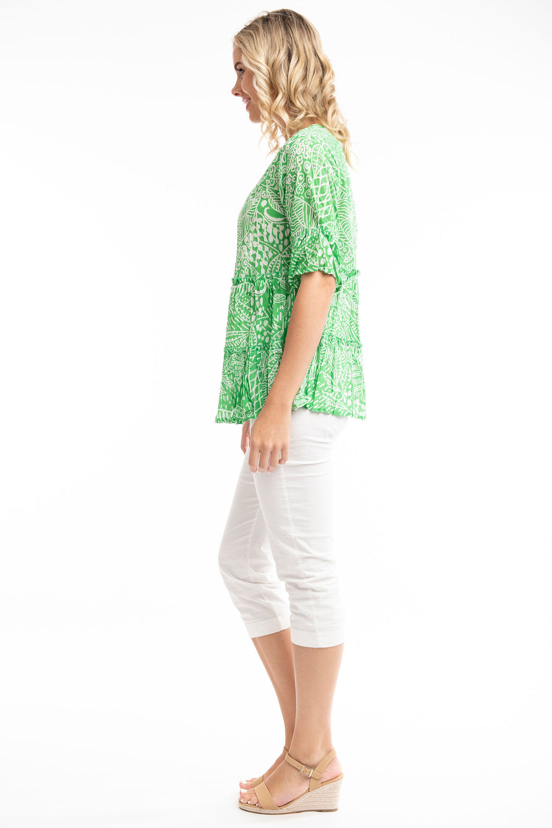 Orientique O4272 Green Leros Layers Frill Sleeve Top - Experience Boutique