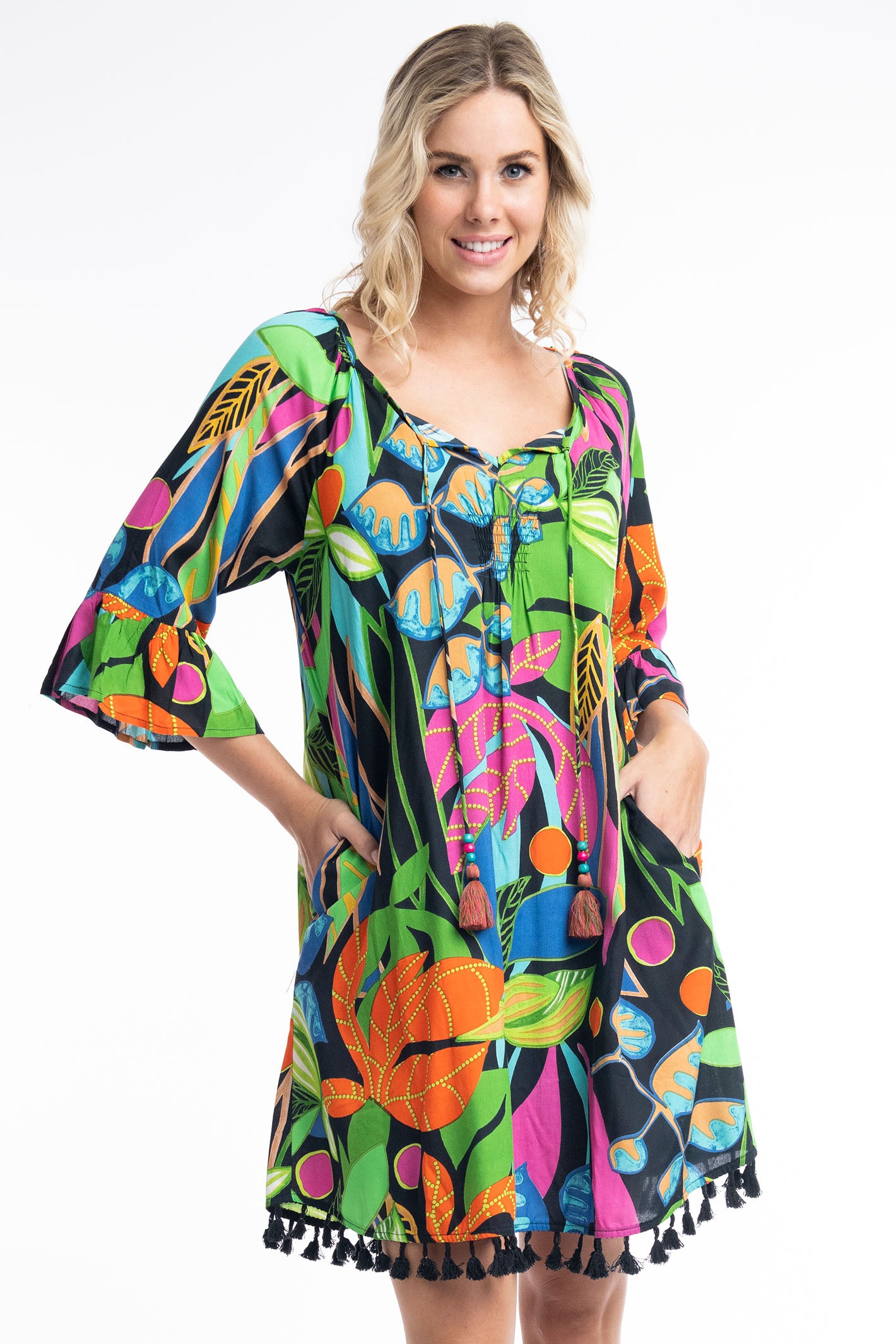 Orientique O9184 Nicossia Black Tropical Print Tassel Dress