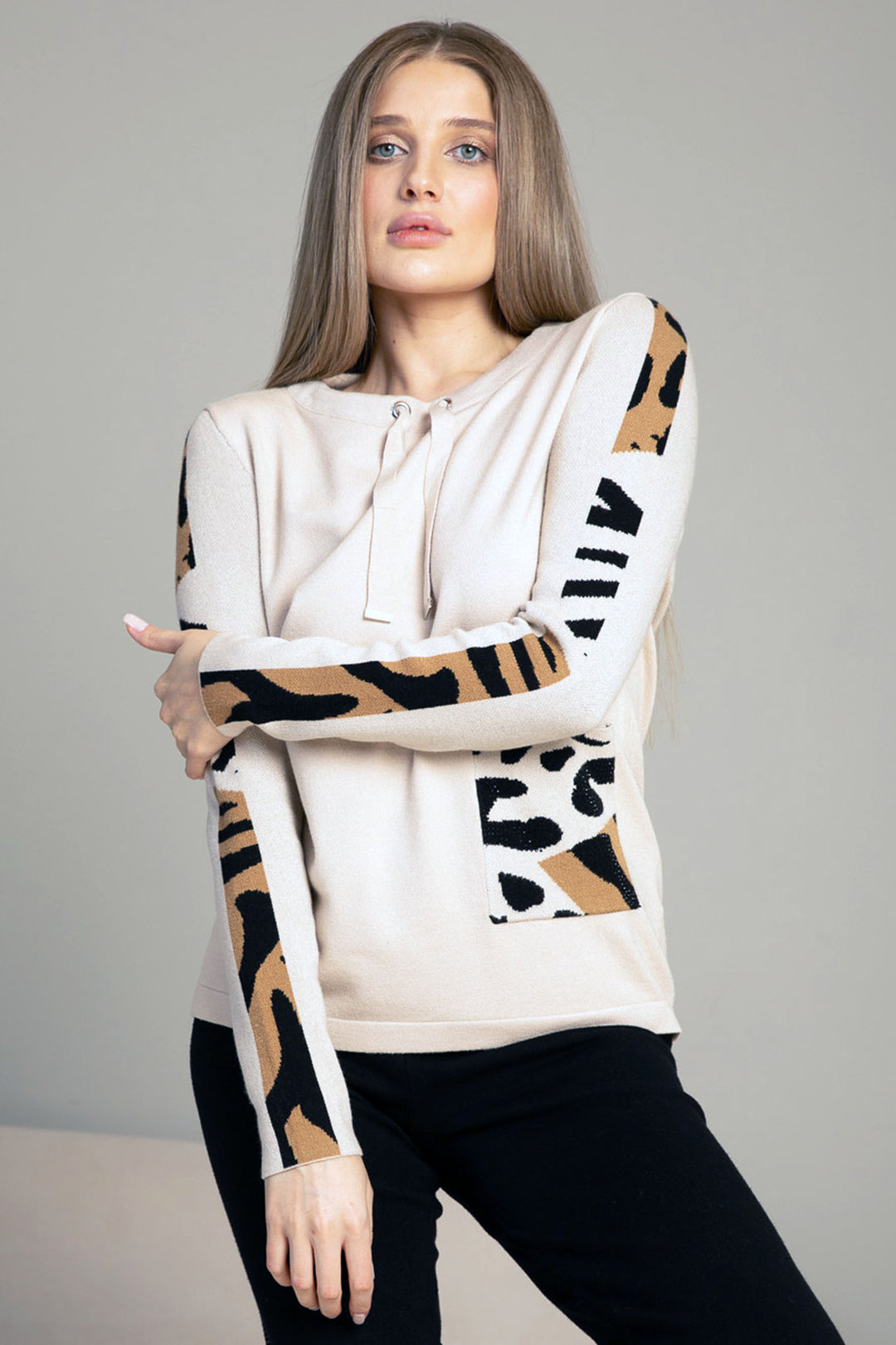 Passioni 16094 Beige Animal Print Patch Jumper - Experience Boutique