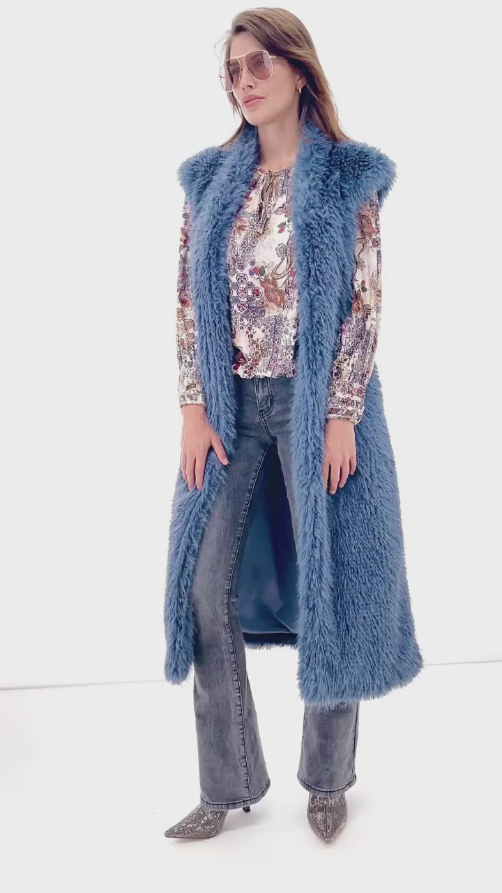 K Design X907 China Blue Faux Fur Longline Gilet - Experience Boutique