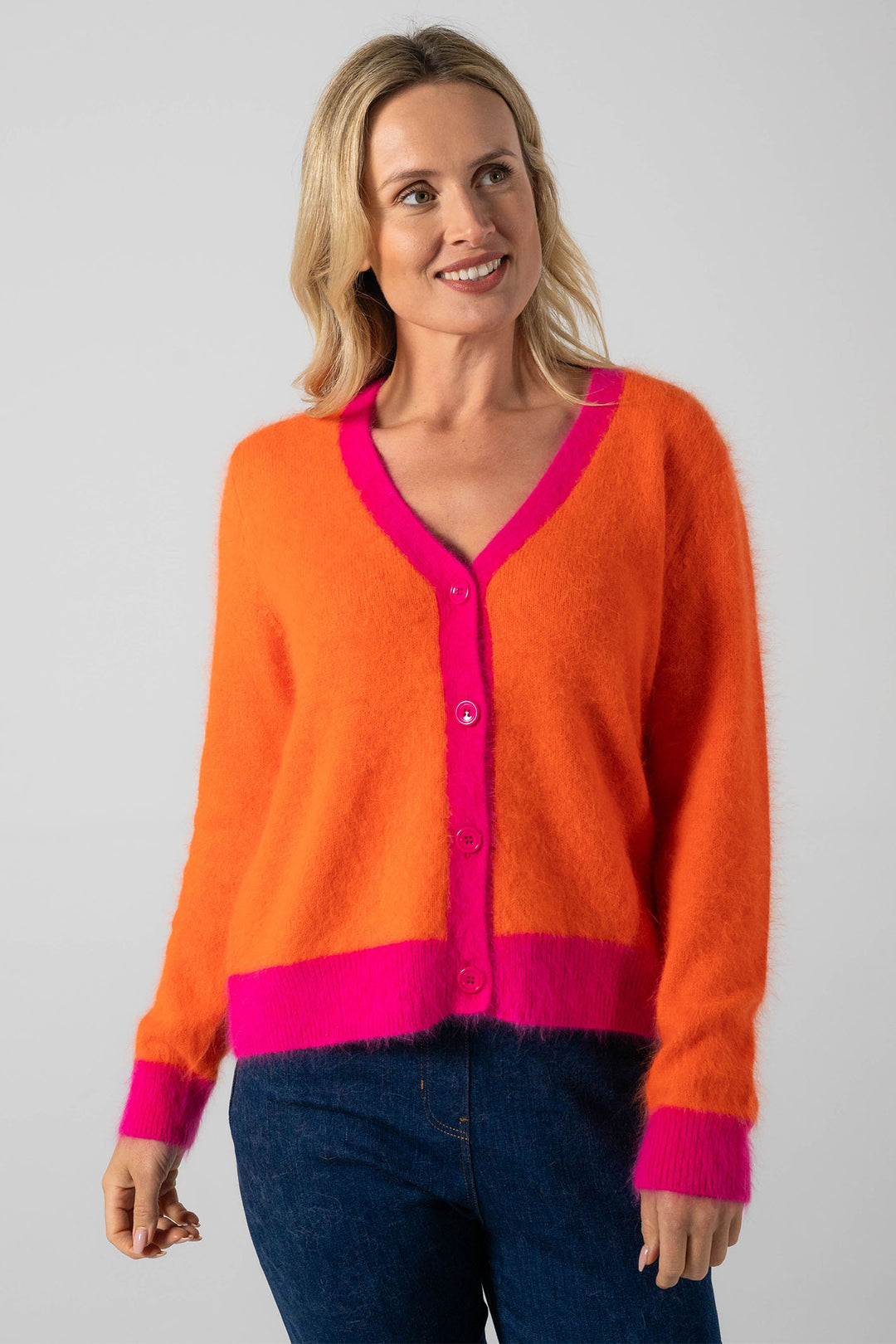 See Saw SW1051 Orange & Hot Pink Contrast Edge Knit Cardigan - Experience Boutique