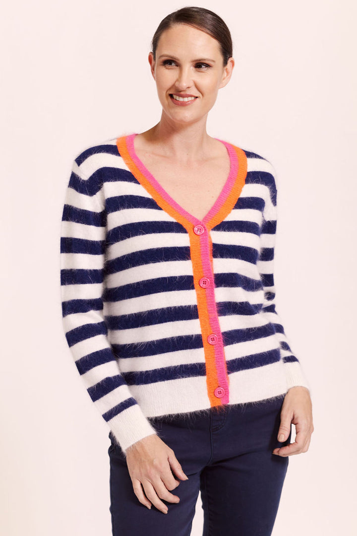 See Saw SW1052 Royal Blue & White Stripe Contrast Edge Cardigan - Experience Boutique