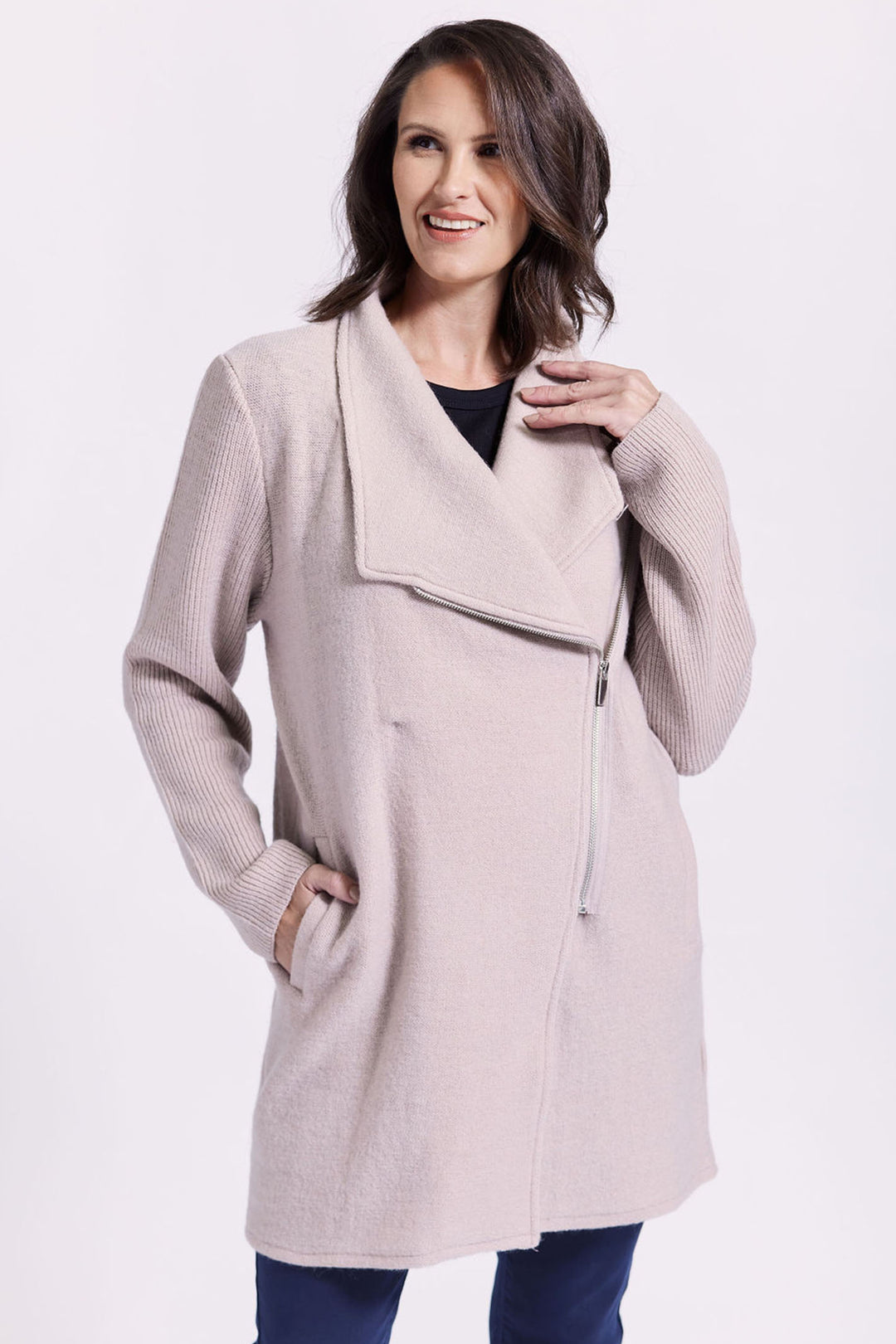 See Saw SW964 Stone Wool Zip Front Coat - Experience Boutique