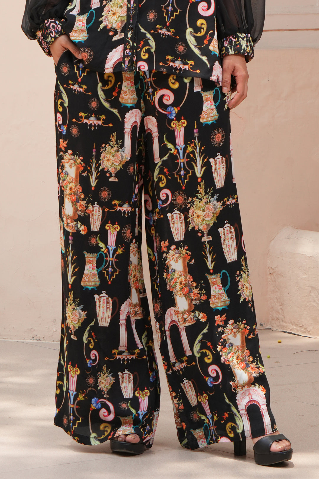 Stella Moretti Ivy Pull-On Wide Leg Trousers Black L'Huere Livid Print - Experience Boutique