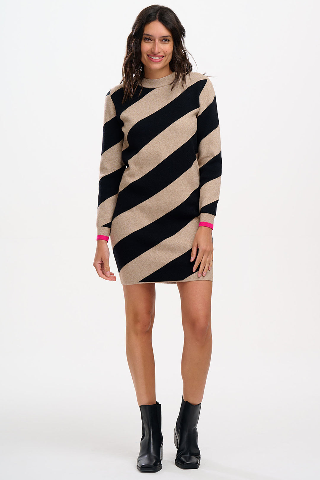 Sugarhill Brighton Black & Taupe Verity Stripe Knit Dress - Experience Boutique