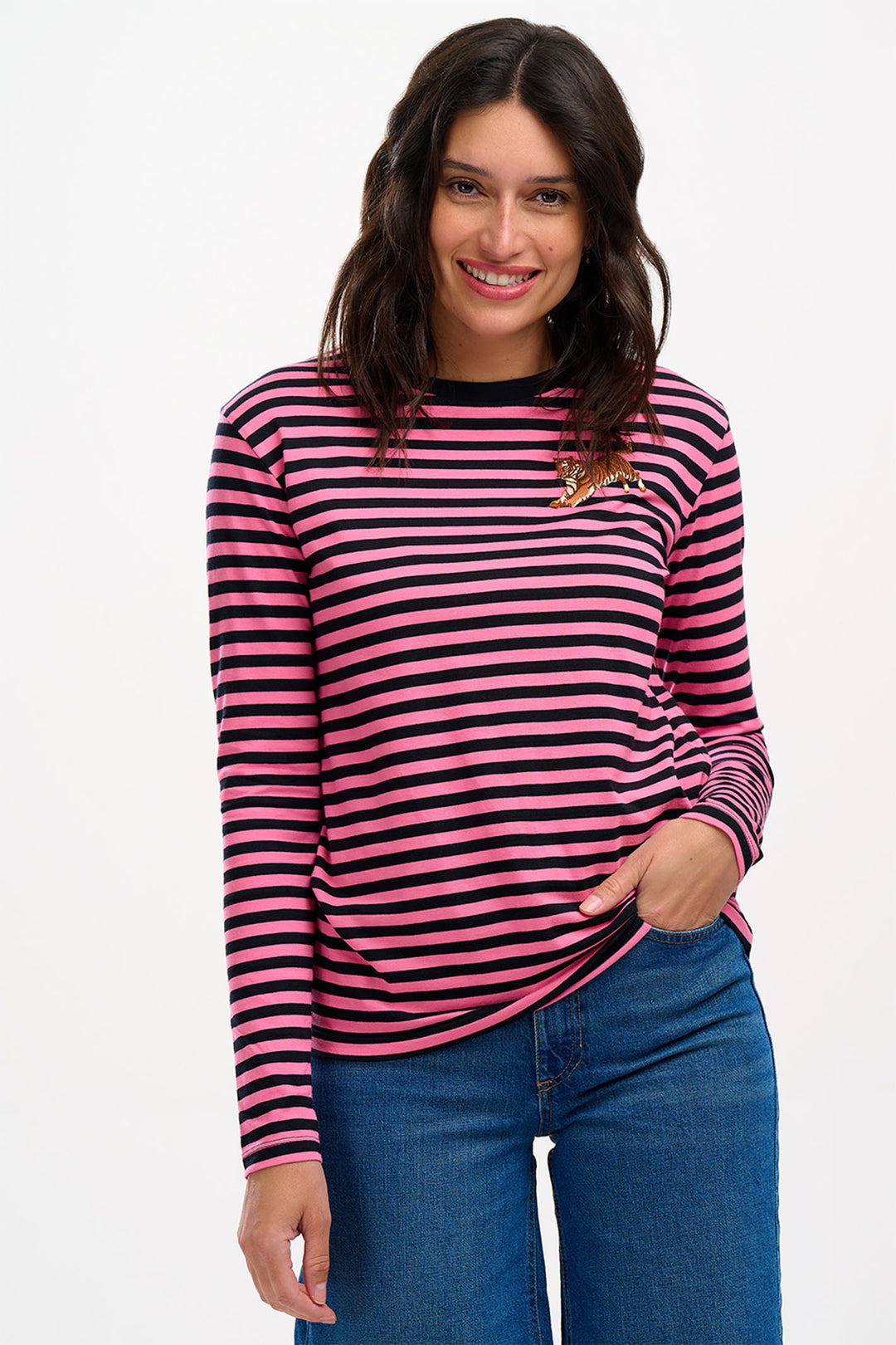 Sugarhill Brighton Brunswick Pink & Black Stripe Leaping Tiger Top - Experience Boutique